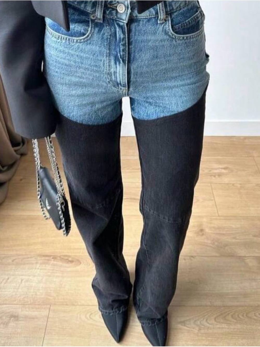 SHEIN Two-Tone Straight Leg Jeans in Blue & Black